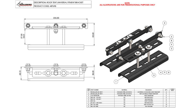 Rooftop tent universal fitment set: brackets, plates and bolts