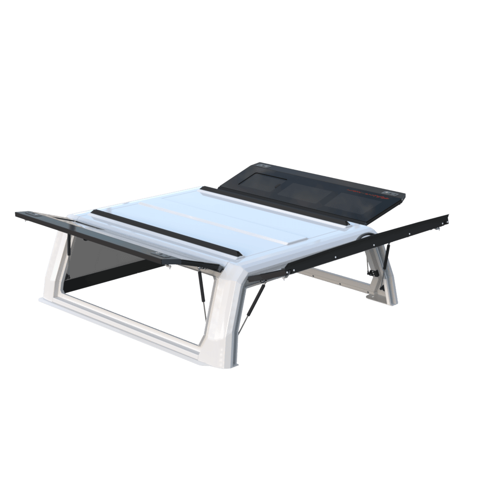 Xtreme canopy with a white frame, glass side doors open
