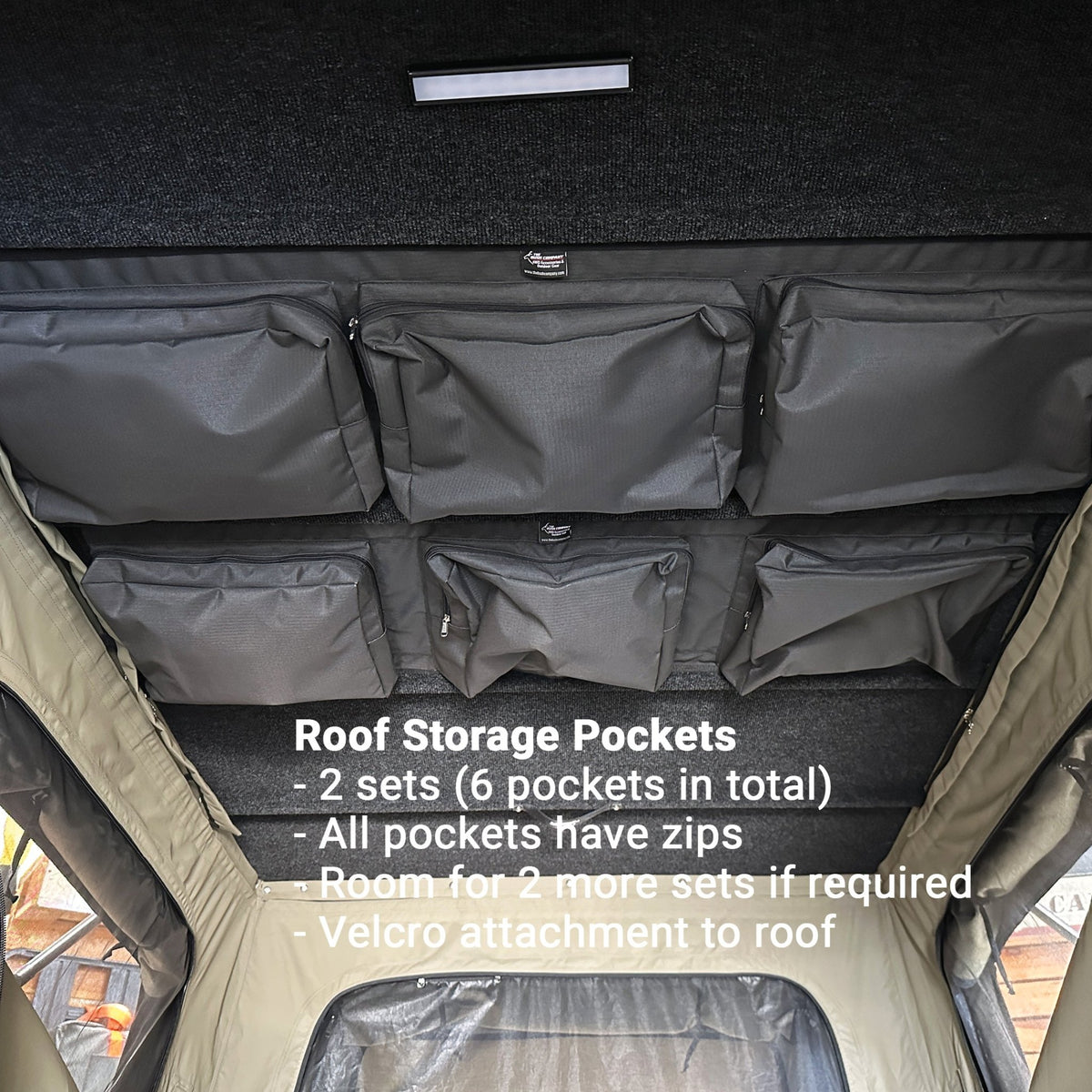 Six zipped rooftop tent organiser pockets fixed by Velcro inside a TX27 MAX roof