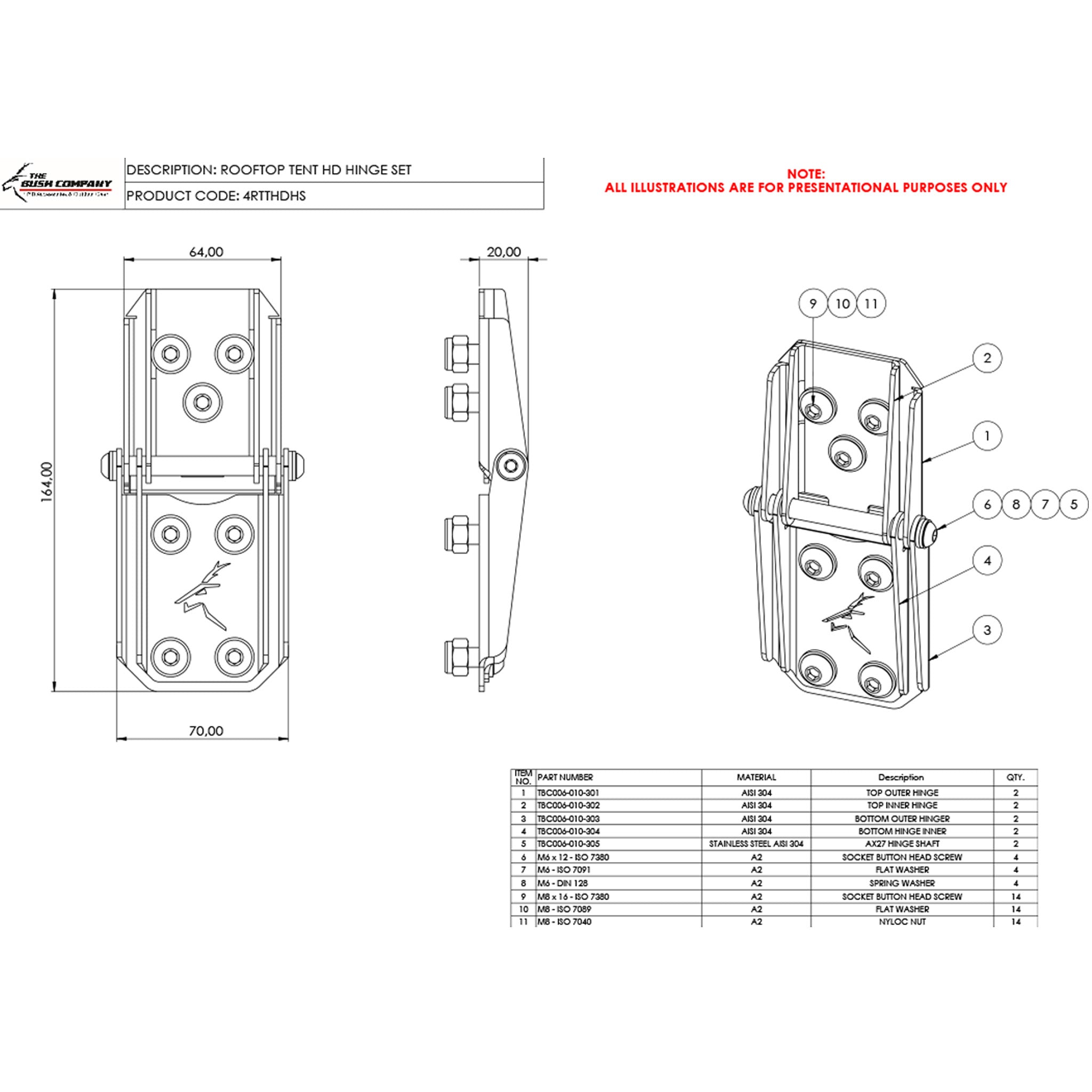 Rooftop Tent Hinge Set – Large | Stainless Steel | Bush Company AU