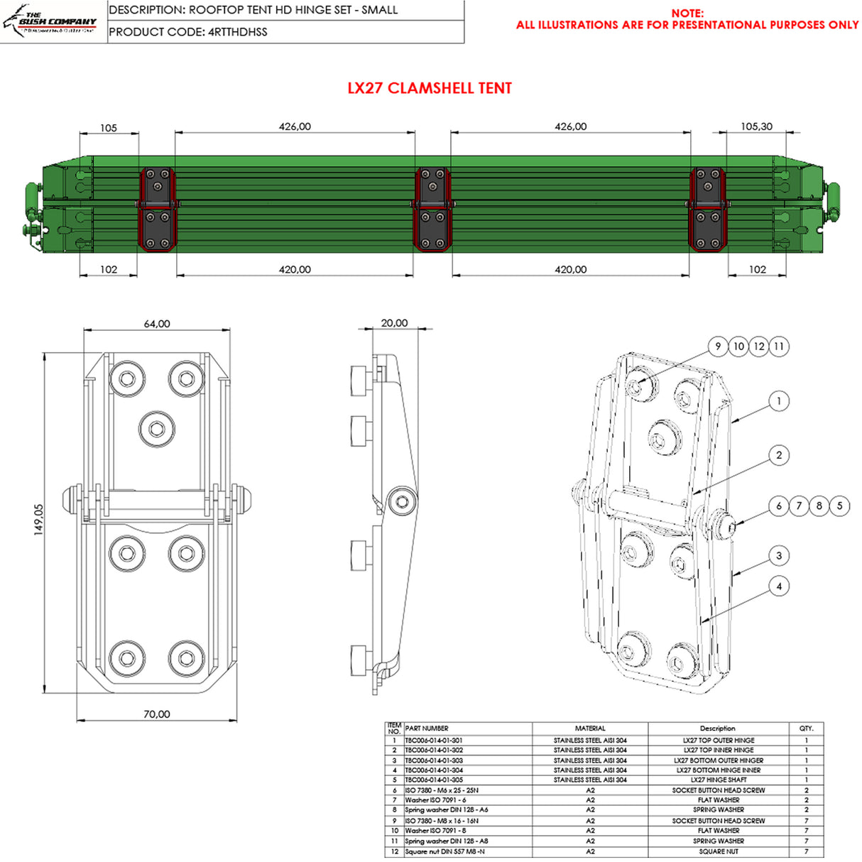 Rooftop Tent HD Hinge Set - LX27 - The Bush Company