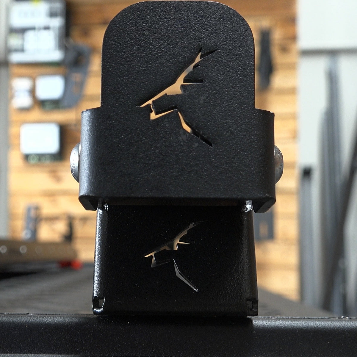 High Foot Mount with its laser-cut logo, fitted to a rooftop tent