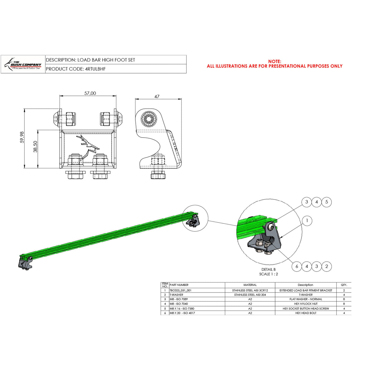 Line drawing of the High Foot Mount, with the load bar shown in green