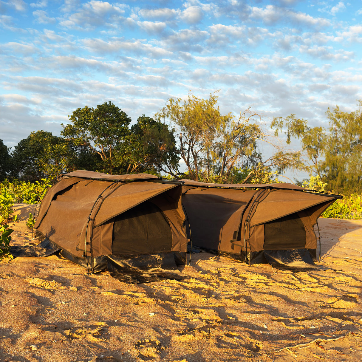 Two brown camping swags pitched outdoors on sandy ground with trees and a blue sky with clouds in the background.