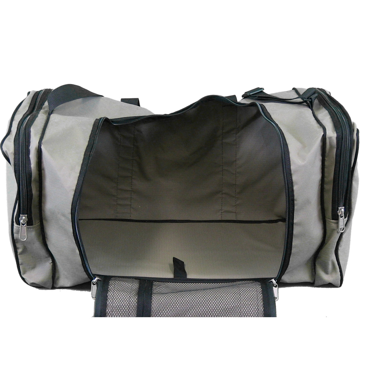 Large 86L duffle bag with the main compartment unzipped and open