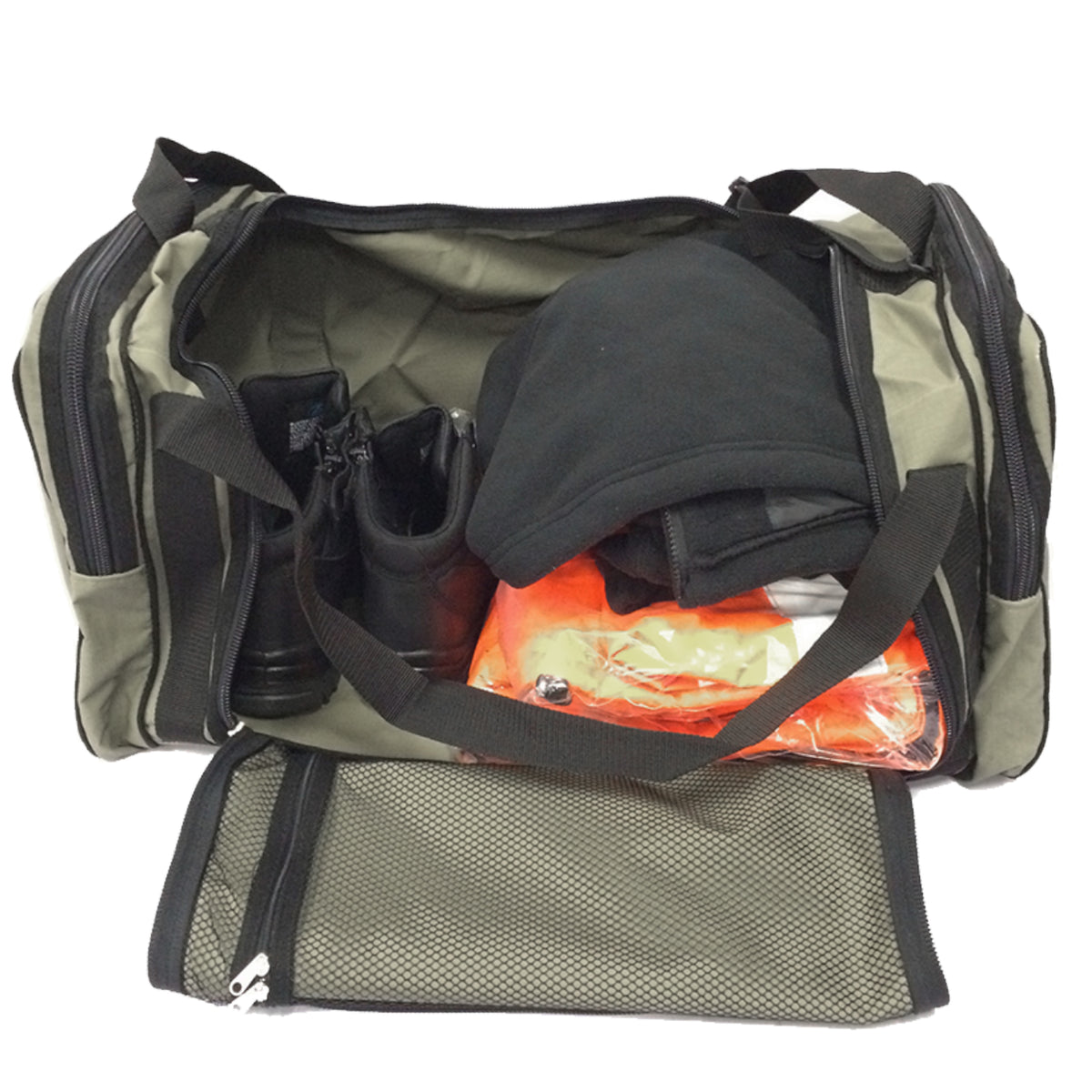 Large 86L duffle bag packed with boots, a jumper and hi-vis workwear
