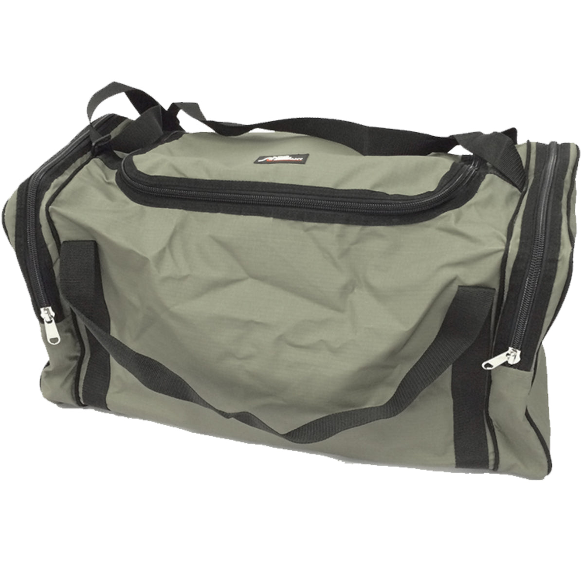 Large 86L duffle bag with its top zip pocket, side view