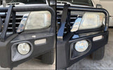 A split-screen comparison of a black metal bull bar installed on the front of a vehicle. The left side shows the bare vehicle front end with a worn, scratched bumper and headlight, while the right side shows the same front end with the black bull bar fitted and covering the vulnerable areas.