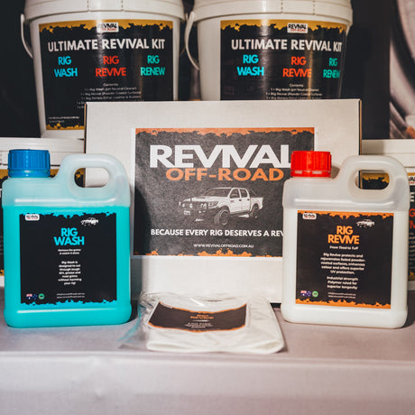 Collection of Revival Off-Road products including bottles and buckets on a surface.