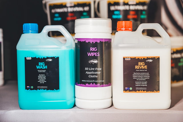 Three automotive care products on a table with a blurred background