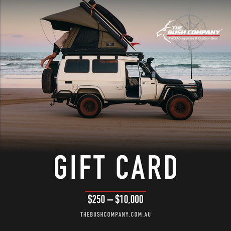 The Bush Company gift card, $250 to $10,000, over a photo of a 4WD with a rooftop tent